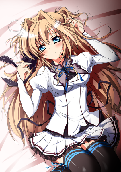 Anime picture 1254x1771 with mashiroiro symphony sena airi suemizu yuzuki single long hair tall image blush blue eyes blonde hair girl thighhighs uniform black thighhighs school uniform