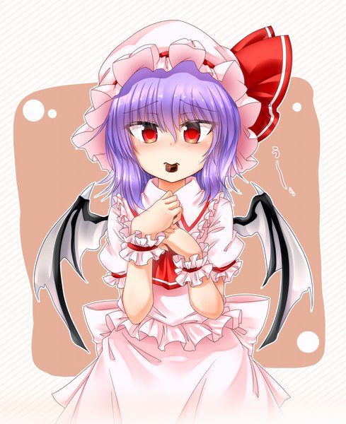 Anime picture 1630x2000 with touhou remilia scarlet m9kndi single tall image looking at viewer blush fringe short hair simple background hair between eyes red eyes holding purple hair short sleeves embarrassed mouth hold valentine outline girl