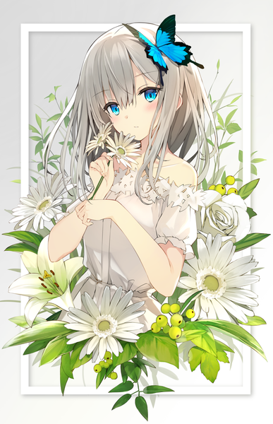 Anime picture 1000x1547 with original sutorora single long hair tall image looking at viewer blush fringe blue eyes simple background hair between eyes standing bare shoulders payot upper body parted lips head tilt grey hair grey background girl