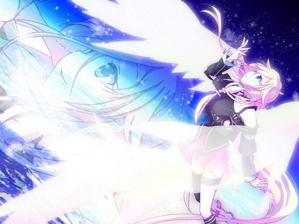 Anime picture 1600x1200 with vocaloid ia (vocaloid) haru aki single fringe pink hair sky braid (braids) very long hair aqua eyes off shoulder twin braids angel wings falling girl skirt wings boots star (stars) thigh boots
