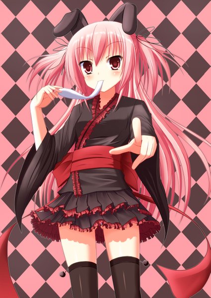 Anime picture 2150x3035 with nyarumi long hair tall image highres simple background red eyes animal ears pink hair bunny ears mouth hold rhombus girl thighhighs black thighhighs