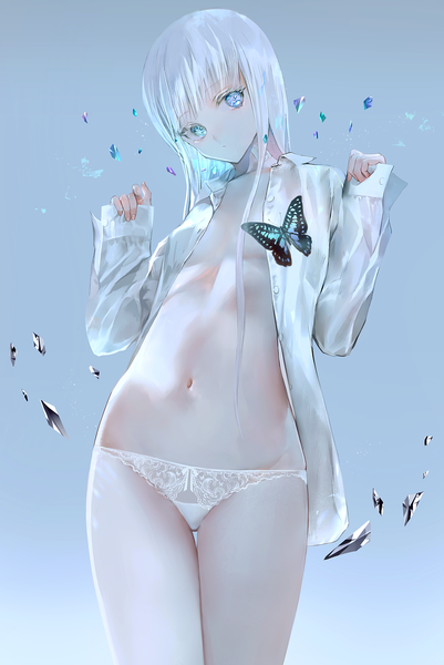 Anime picture 2000x2987 with original tlla (artist) single long hair tall image looking at viewer fringe highres breasts blue eyes light erotic simple background standing silver hair blunt bangs head tilt open shirt thighs gradient background thigh gap