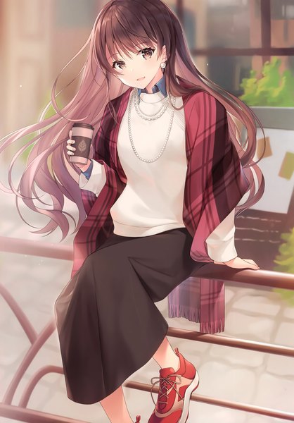 Anime picture 2447x3513 with original kagachi saku single long hair tall image looking at viewer blush fringe highres open mouth smile brown hair standing sitting holding brown eyes outdoors blunt bangs head tilt :d