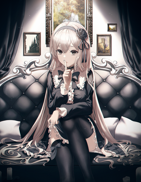 Anime picture 3000x3880 with original matsogum single tall image looking at viewer fringe highres hair between eyes sitting silver hair bent knee (knees) indoors long sleeves very long hair hair flower black eyes finger to mouth frilled dress lolita fashion goth-loli