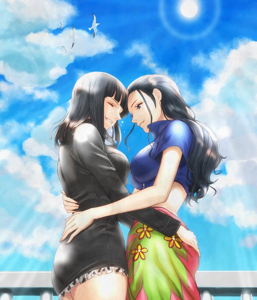 Anime picture 750x875 with one piece toei animation nico robin shinmanawa long hair tall image fringe blue eyes black hair smile multiple girls sky cloud (clouds) blunt bangs eyes closed profile sunlight from below hug tears