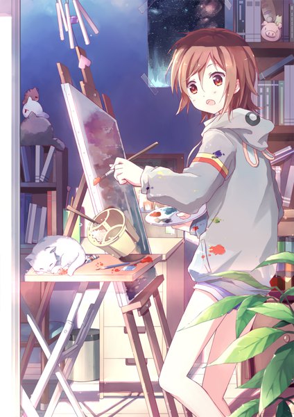 Anime picture 826x1169 with original kinoshita neko single tall image fringe short hair open mouth hair between eyes red eyes brown hair standing holding looking away bent knee (knees) indoors sunlight :o surprised paw print drawing