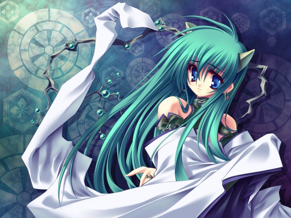 Anime picture 1600x1200 with tagme (copyright) aoi yuuji single long hair looking at viewer fringe blue eyes hair between eyes bare shoulders horn (horns) green hair girl earrings