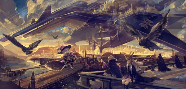 Anime picture 2270x1084 with original pixiv fantasia pixiv fantasia new world alcd highres wide image multiple girls scenic girl hat animal bird (birds) 3 girls witch hat railing broom aircraft owl airship