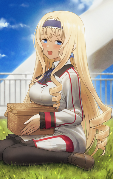Anime picture 905x1432 with infinite stratos 8bit cecilia orcott fagi (kakikaki) single long hair tall image looking at viewer blush fringe open mouth blue eyes blonde hair hair between eyes sitting holding sky cloud (clouds) outdoors long sleeves