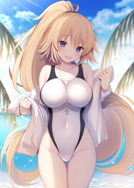 Anime picture 1222x1712 with fate (series) fate/grand order jeanne d'arc (fate) (all) jeanne d'arc (swimsuit archer) miko (royal milk) single tall image looking at viewer blush fringe breasts open mouth blue eyes light erotic blonde hair smile hair between eyes large breasts sky cloud (clouds)