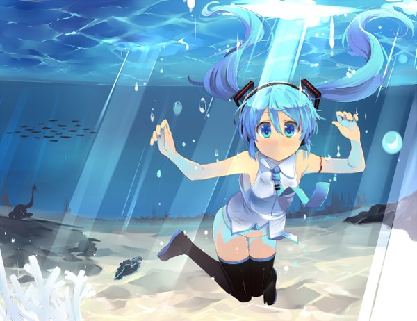 Anime picture 1201x926 with vocaloid hatsune miku shin (new) single looking at viewer twintails very long hair aqua eyes aqua hair underwater girl thighhighs black thighhighs necktie bubble (bubbles)