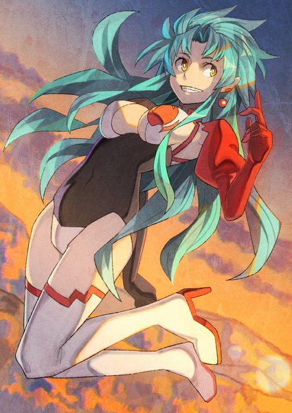 Anime picture 724x1023 with tenchi muyou! anime international company hakubi ryouko rano single long hair tall image breasts light erotic smile large breasts yellow eyes looking away sky cleavage bent knee (knees) aqua hair jumping spiked hair girl