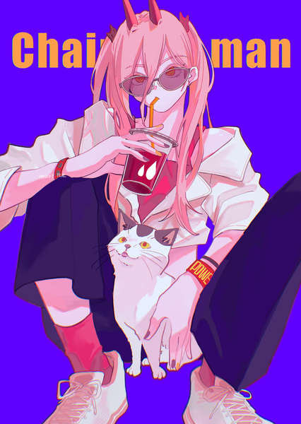 Anime picture 2200x3100 with chainsaw man mappa power (chainsaw man) meowy (chainsaw man) ice morinaka single long hair tall image fringe highres simple background hair between eyes sitting twintails pink hair nail polish horn (horns) copyright name purple background drinking