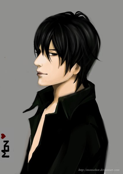 Anime picture 766x1080 with tagme (copyright) monsohot single tall image looking at viewer fringe short hair black hair simple background hair between eyes signed upper body profile black eyes inscription grey background open shirt boy shirt heart