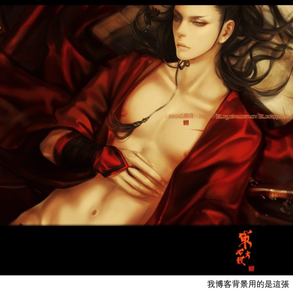 Anime picture 1360x1360 with original mang (artist) single long hair light erotic brown hair signed nipples realistic open clothes hieroglyph eyeshadow boy navel fingerless gloves