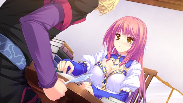 Anime picture 1920x1080 with ryuuyoku no melodia leki vestoria floria tenmaso long hair blush highres smile wide image sitting yellow eyes pink hair game cg girl dress boy book (books)