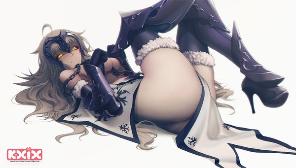 Anime picture 1920x1093 with fate (series) fate/grand order jeanne d'arc (fate) (all) jeanne d'arc alter (fate) jeanne d'arc alter (avenger) (third ascension) (fate) k19 single long hair looking at viewer fringe highres breasts light erotic simple background wide image white background yellow eyes silver hair full body ahoge