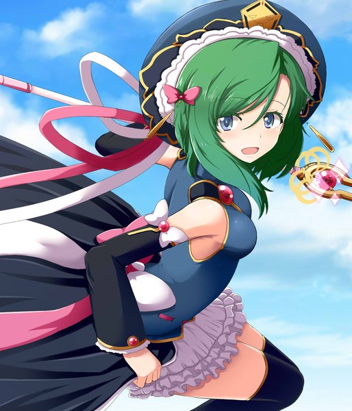 Anime picture 1200x1400 with touhou shikieiki yamaxanadu mono (mono60) single tall image looking at viewer short hair breasts open mouth blue eyes sky cloud (clouds) green hair magical girl adapted costume girl thighhighs black thighhighs hat detached sleeves