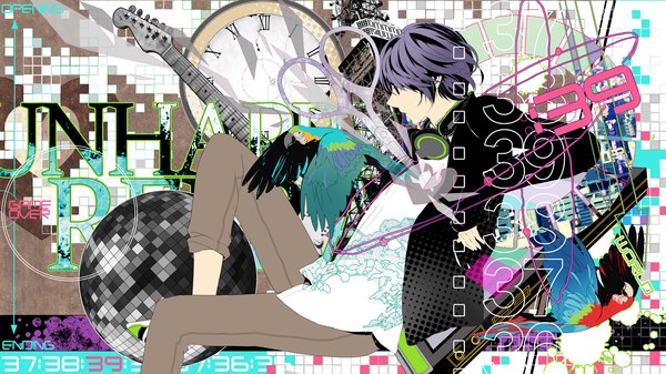 Anime picture 1659x933 with nico nico singer soraru tagme (artist) single short hair wide image sitting purple hair profile inscription open clothes open jacket boy animal jacket heart headphones bird (birds) clock ball