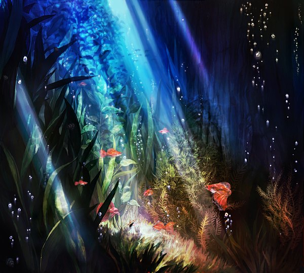 Anime picture 1000x899 with original toto mame single long hair black hair light underwater girl plant (plants) hat animal leaf (leaves) sundress bubble (bubbles) fish (fishes) straw hat algae