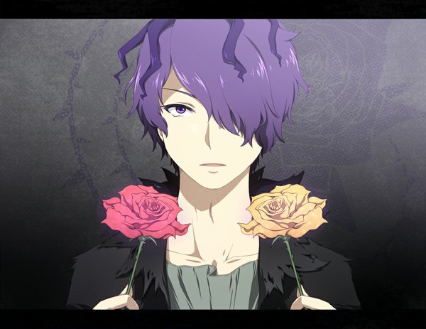 Anime picture 1000x772 with ib (game) garry (ib) single fringe short hair purple eyes purple hair hair over one eye boy flower (flowers) rose (roses)