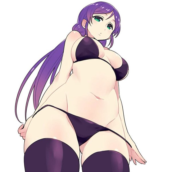 Anime picture 1000x1000 with love live! school idol project sunrise (studio) love live! toujou nozomi chan co single long hair looking at viewer blush breasts light erotic simple background large breasts white background twintails bare shoulders green eyes purple hair bare belly from below