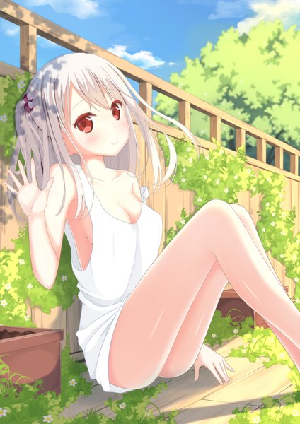 Anime picture 1447x2047 with original tisshu (karutamo) karutamo single long hair tall image looking at viewer blush light erotic smile red eyes sitting white hair no bra bare legs girl dress plant (plants) sundress