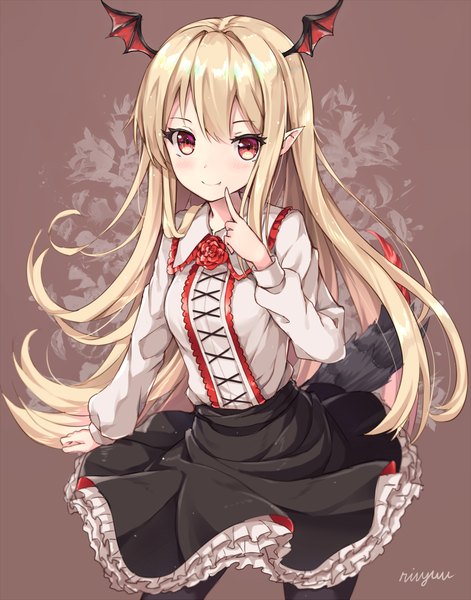 Anime picture 917x1169 with granblue fantasy vampy rin yuu single long hair tall image looking at viewer fringe simple background blonde hair smile hair between eyes red eyes standing signed payot upper body tail long sleeves head tilt