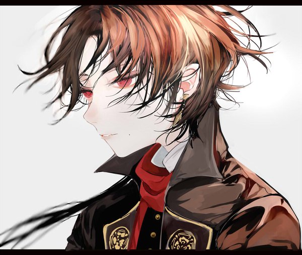Anime picture 999x845 with touken ranbu nitroplus kashuu kiyomitsu hogi single long hair simple background red eyes brown hair looking away upper body wind grey background mole letterboxed mole under mouth expressionless boy earrings scarf