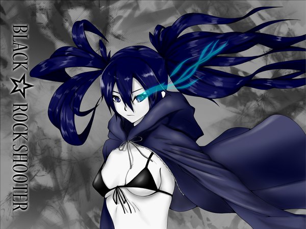 Anime picture 1600x1200 with black rock shooter black rock shooter (character) twintails blue hair glowing glowing eye (eyes) pale skin girl bikini top