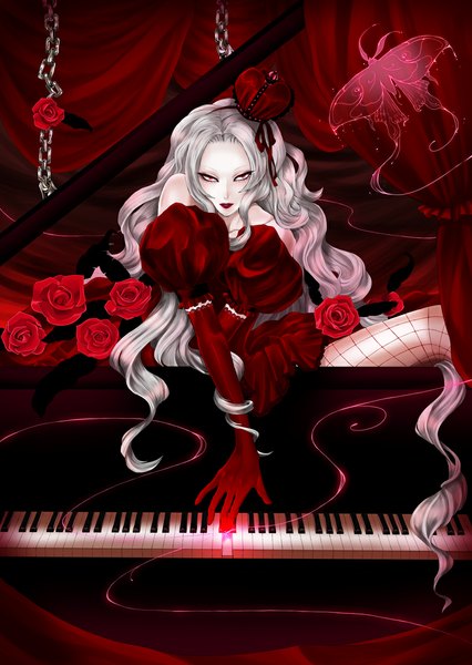 Anime picture 800x1127 with alice in wonderland queen of hearts oomi asaka single long hair tall image looking at viewer red eyes bare shoulders very long hair lips grey hair lipstick wavy hair crossed arms red lipstick girl dress gloves flower (flowers)