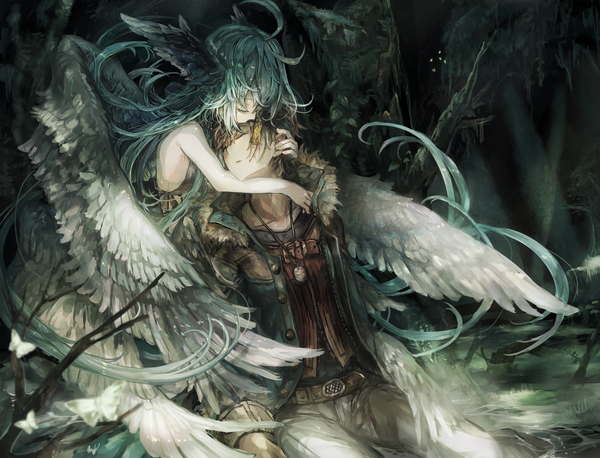 Anime picture 2000x1527 with original tokino kito highres short hair blonde hair sitting bare shoulders payot ahoge eyes closed very long hair sunlight aqua hair open jacket fur trim sleeveless hug partially submerged angel wings head wings