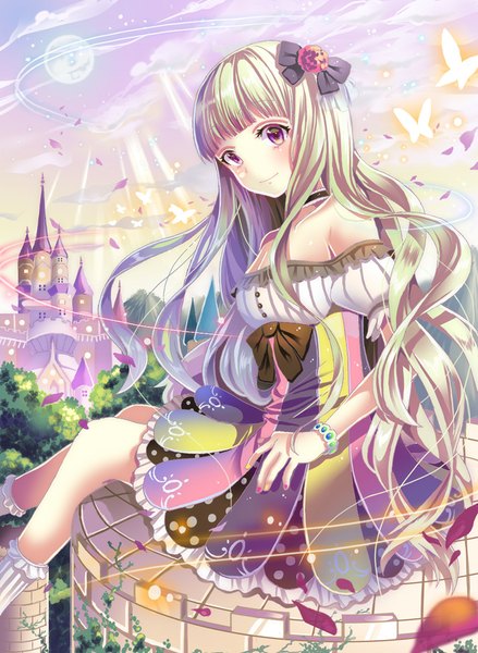 Anime picture 800x1093 with original okutani toro single long hair tall image blonde hair purple eyes bare shoulders sky cloud (clouds) girl dress bow hair bow petals insect butterfly castle