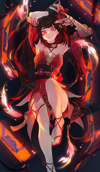Anime picture 1812x3119 with honkai: star rail honkai (series) sparkle (honkai: star rail) la100paloma single long hair tall image looking at viewer fringe highres smile red eyes brown hair twintails bare shoulders payot full body bent knee (knees) blunt bangs nail polish