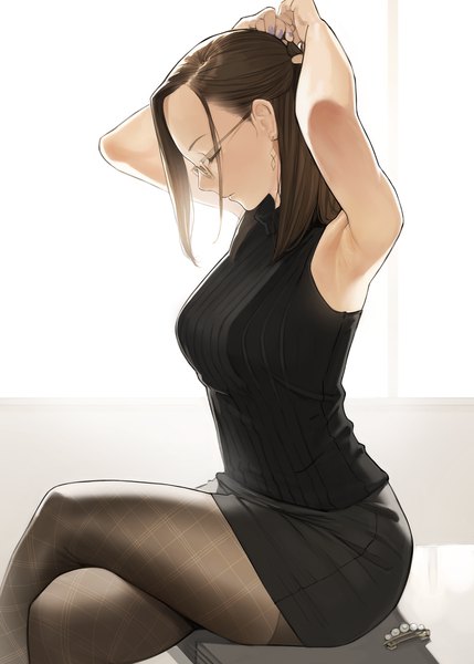 Anime picture 1430x2000 with original yomu (sgt epper) single long hair tall image brown hair sitting nail polish profile arms up armpit (armpits) crossed legs eyeshadow hairdressing girl skirt earrings miniskirt pantyhose glasses