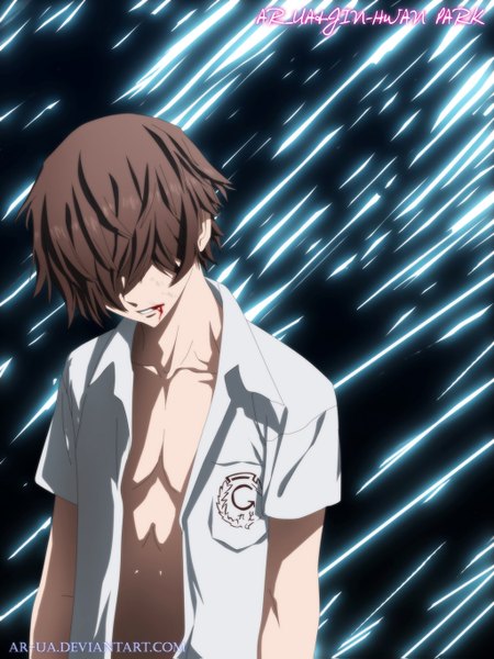 Anime picture 1024x1367 with the breaker shi-woon yi ar-ua single tall image brown hair open clothes open shirt coloring black background hair over eyes boy blood