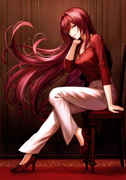 Anime picture 4911x6967 with fate (series) fate/grand order scathach (fate) (all) scathach (fate) mashuu (neko no oyashiro) single tall image looking at viewer blush fringe highres breasts hair between eyes red eyes sitting absurdres full body bent knee (knees) red hair indoors