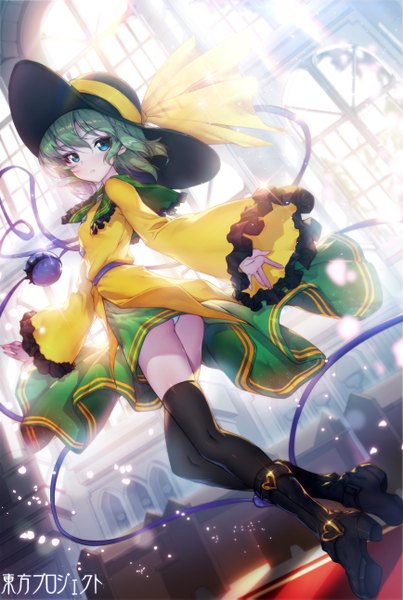 Anime picture 868x1293 with touhou komeiji koishi rodway single tall image looking at viewer blush fringe short hair blue eyes light erotic hair between eyes standing full body indoors long sleeves green hair wide sleeves pantyshot copyright name