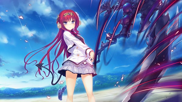 Anime picture 1920x1080 with world election whirlpool (studio) sophia usty single long hair looking at viewer highres blue eyes wide image game cg red hair girl skirt uniform weapon school uniform headband scythe