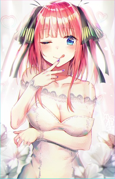 Anime picture 1036x1600 with go-toubun no hanayome nakano nino huwari (dnwls3010) single tall image looking at viewer blush fringe short hair breasts blue eyes light erotic simple background large breasts standing bare shoulders payot pink hair blunt bangs nail polish