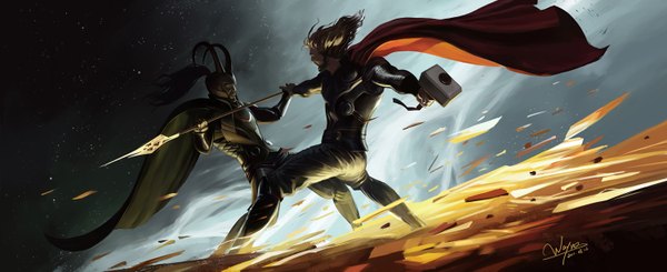 Anime picture 1500x614 with thor marvel comics loki (thor) thor (character) wayne single short hair open mouth black hair blonde hair wide image signed sky horn (horns) night smoke battle superhero boy weapon