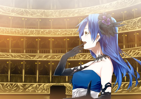 Anime picture 1414x1000 with idolmaster kisaragi chihaya menea single long hair open mouth bare shoulders yellow eyes blue hair girl dress gloves hair ornament elbow gloves