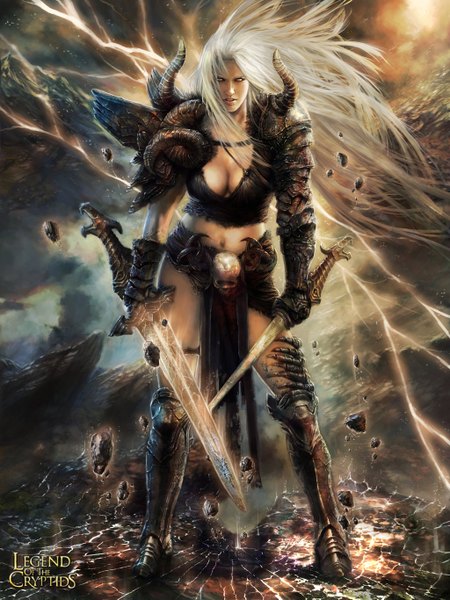 Anime picture 1024x1365 with legend of the cryptids thebastardson (artist) single long hair tall image cleavage white hair horn (horns) realistic destruction broken blank eyes girl navel weapon sword armor skull
