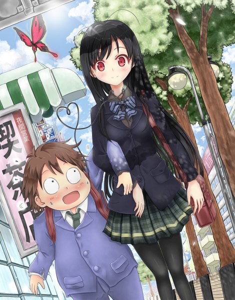 Anime picture 3000x3826 with accel world sunrise (studio) kuroyukihime arita haruyuki long hair tall image blush highres short hair open mouth black hair red eyes brown hair girl boy skirt uniform plant (plants) school uniform miniskirt