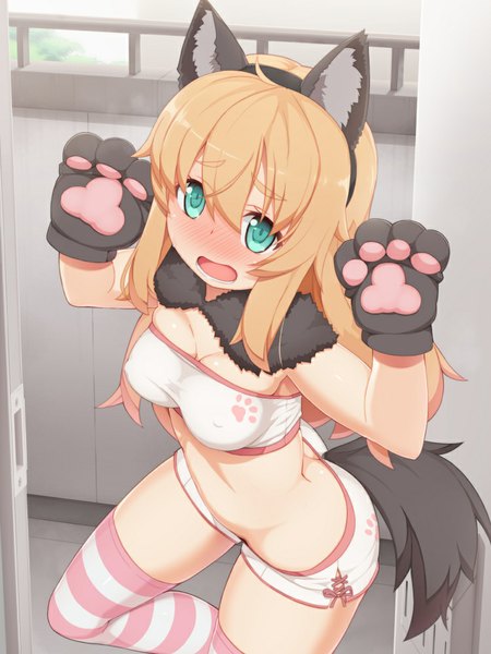 Anime picture 750x1000 with original tachimi (basue) single long hair tall image looking at viewer blush breasts open mouth blue eyes light erotic blonde hair animal ears tail animal tail midriff halloween girl thighhighs underwear