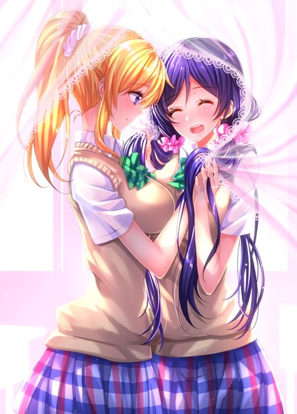 Anime picture 1218x1696 with love live! school idol project sunrise (studio) love live! toujou nozomi ayase eli swordsouls long hair tall image blush open mouth blue eyes blonde hair smile multiple girls blue hair ponytail eyes closed shoujo ai girl skirt