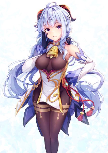 Anime picture 1416x2000 with genshin impact ganyu (genshin impact) cucchiore single long hair tall image looking at viewer fringe breasts open mouth simple background smile hair between eyes standing white background purple eyes bare shoulders payot blue hair full body