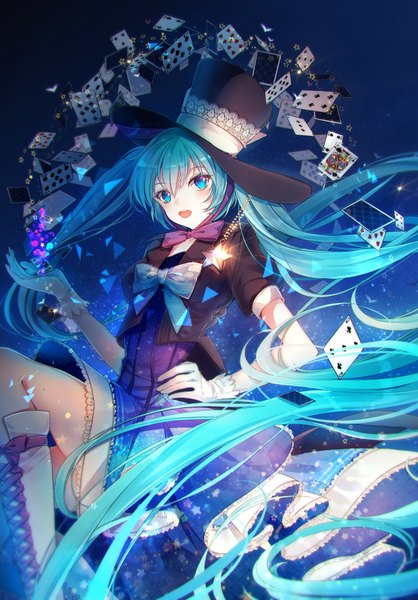 Anime picture 1803x2588 with vocaloid magical mirai (vocaloid) hatsune miku magical mirai miku magical mirai miku (2013) baocaizi single tall image looking at viewer highres open mouth blue eyes smile twintails very long hair aqua hair short sleeves hand on hip black background girl