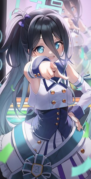 Anime picture 1200x2347 with blue archive aris (blue archive) hutosutoro single tall image looking at viewer fringe open mouth blue eyes black hair hair between eyes very long hair :d hand on hip official alternate costume side ponytail pointing at viewer girl detached sleeves wrist cuffs
