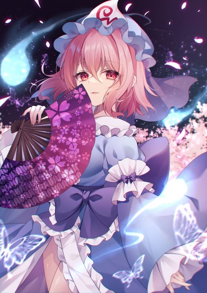 Anime picture 1447x2047 with touhou saigyouji yuyuko sisterakuma single tall image looking at viewer fringe short hair hair between eyes pink hair pink eyes cherry blossoms girl hat petals frills insect butterfly bonnet fan